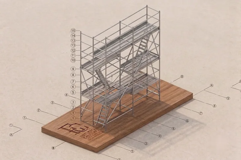 Modelo 3D de una estructura auxiliar tipo andamio con plataformas y escaleras