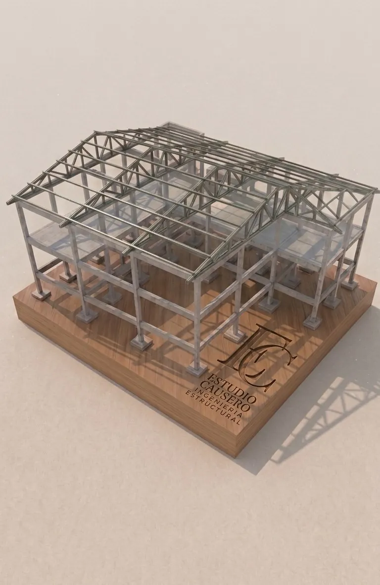 Modelo 3D de una estructura mixta de hormigón y acero con cubierta reticulada