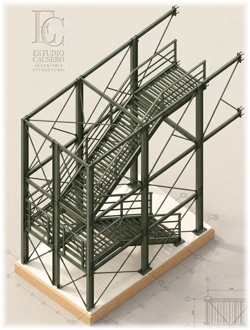 Modelo 3D de una escalera metálica con arriostramientos y barandas
