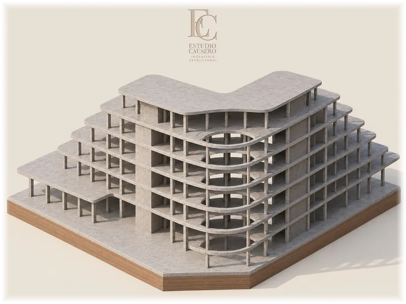 Modelo estructural de un edificio de hormigón armado con losas escalonadas y voladizos curvos