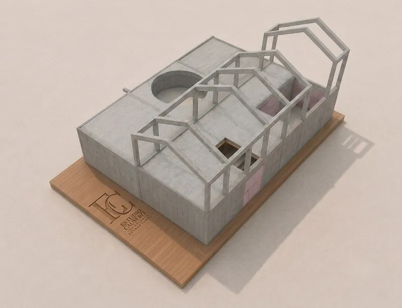 Modelo estructural de una construcción de hormigón armado con muros y pórticos de cubierta a dos aguas
