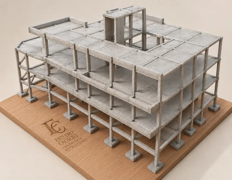 Modelo estructural de un edificio de hormigón armado de tres niveles con fundaciones aisladas