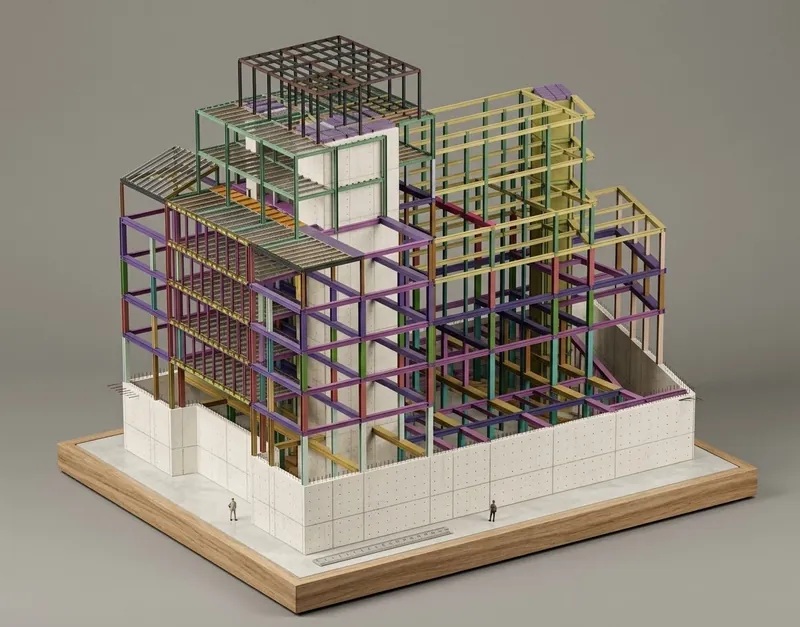 Modelo estructural coloreado de un hotel de estructura metálica en Milán