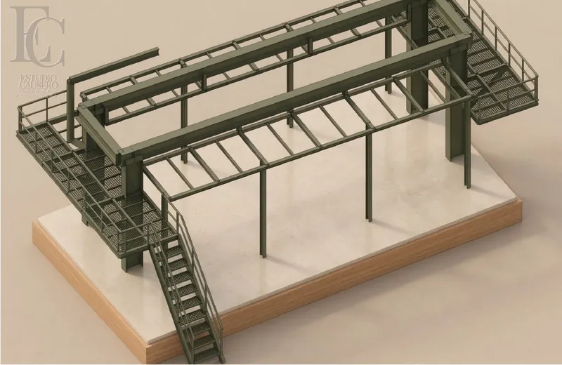 Modelo 3D de pasarelas industriales de acero con escaleras y barandas en Atucha
